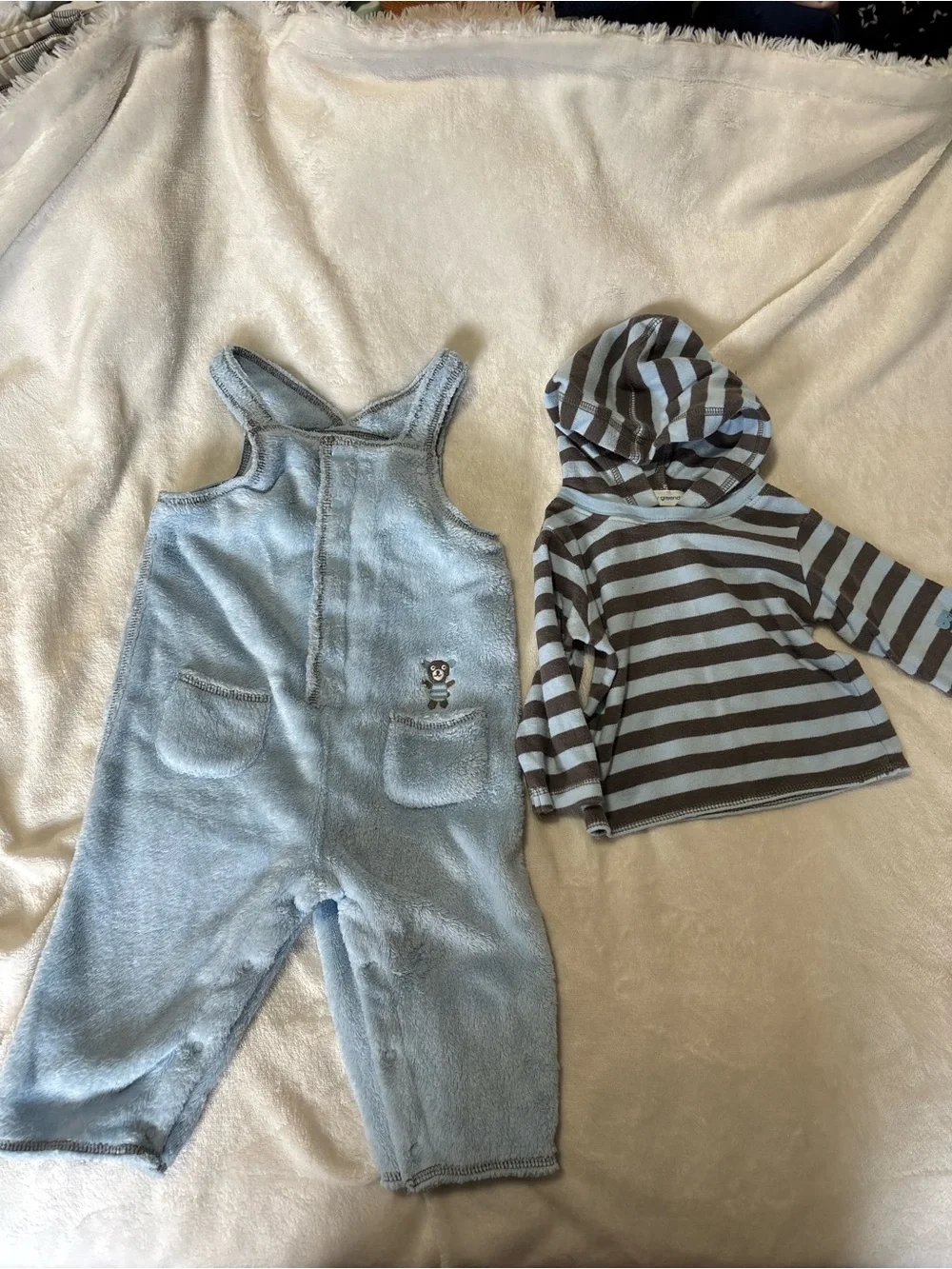 Vintage Y2K greendog Blue Plush Overalls with Brown & Blue Striped Hoodie 6-9 mo